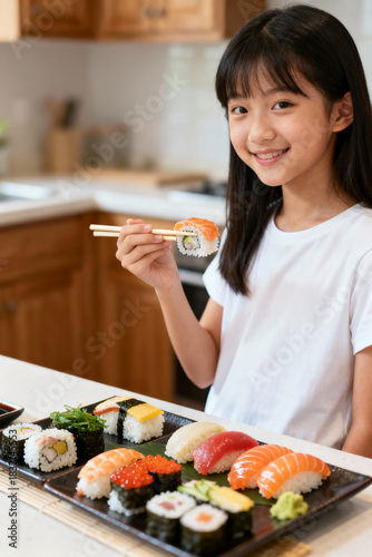 Young woman eating sushi. 