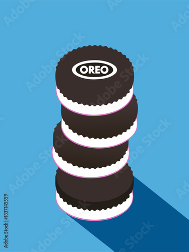 Stack of four Oreo sandwich cookies with pink cream filling on blue background in flat vector illustration style