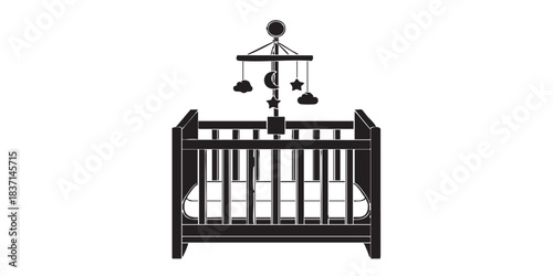 Minimalist baby crib icon with mobile attachment