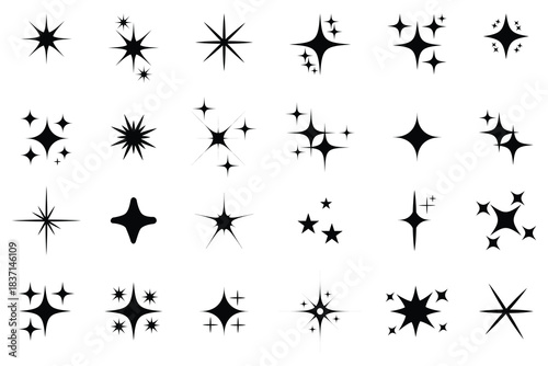 Twinkle Star icon. Set of black silhouettes of stars. Retro futuristic sparkle icons, Twinkle Star icon collection Shine or sparkle icon vector set. Glowing light effect, twinkle templates,