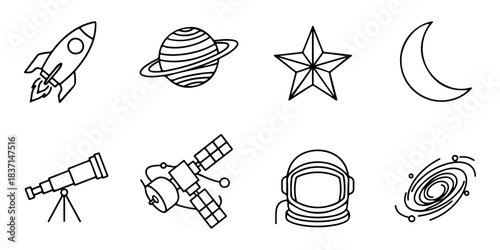 Collection of linear outline space and astronomy icons, featuring celestial bodies, exploration tools, and cosmic elements for science-themed design projects