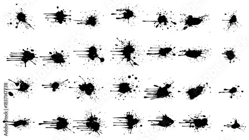 Ink drops and splashes. Blotter spots, liquid paint drip drop splash and ink splatter. Artistic dirty grunge abstract spot  set. Illustration monochrome drip splash, splat messy inkblot