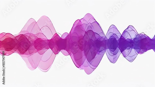 An abstract image features a flowing, multi-layered wave form gradient shifting from pink to purple, set against a pristine white background