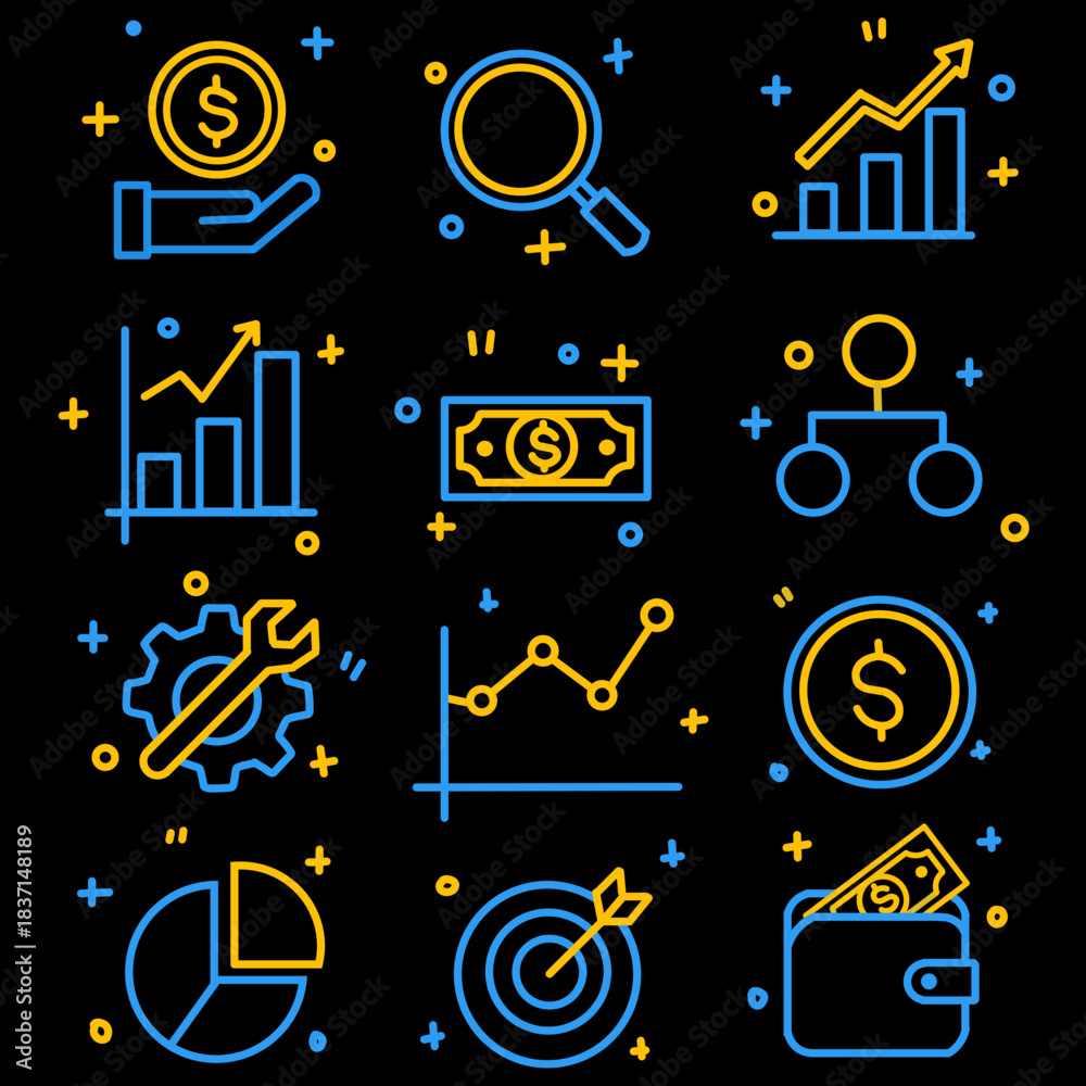 Fototapeta premium Business and Finance Flat Line Icons Set - Money Growth Analytics