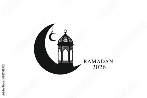 Ramadan kareem crescent moon with lantern and arabic text celebrating the islamic holy month