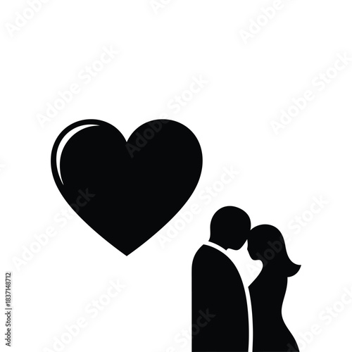 Silhouette of a loving couple with a large heart symbol against a white background