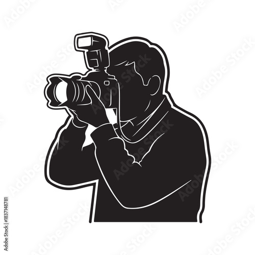 Bold graphic silhouette of a professional photographer actively capturing a moment with a digital camera and external flash, symbolizing media, events, and visual documentation