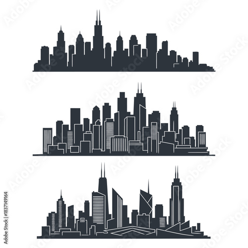 Three silhouetted city skylines featuring tall buildings and skyscrapers in a row