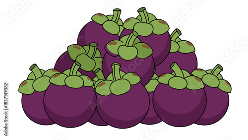 Pile of Fresh Purple Mangosteen Fruits with Green Stems Against a Black Background