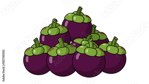 Pile Of Fresh Ripe Mangosteen Fruits With Green Stems In A Dark Background