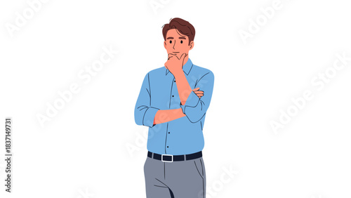 Pensive Businessman With Hand On Chin In Blue Shirt And Gray Pants Thinking Deeply About A Business Problem With A Subtle Smile Against A Black Background