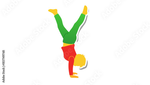 Person Doing Handstand In Red Shirt and Green Pants with Yellow Hair and Shadow Against Black Background