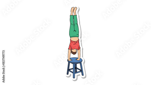 Person Performing Handstand on Blue Stool with Green Pants and Red Shirt on Black Background Simple Flat Design with Outline Sticker Style and White Border