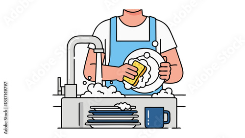 Person Wearing Light Blue Apron Washing White Plates and Blue Mug in a Kitchen Sink With Running Water and Sudsy Bubbles Stacked Dishes Nearby