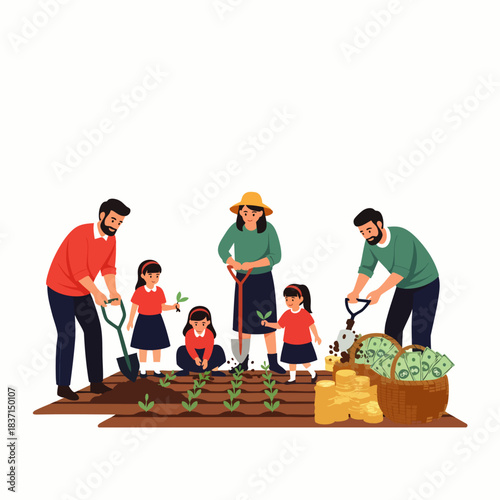 A happy extended family collaboratively tends to a flourishing garden, symbolizing shared effort, sustainable growth, and future financial prosperity.