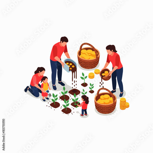 A family collaboratively cultivates financial growth by planting gold coins into fertile soil, symbolizing smart investment strategies and future prosperity for generations.