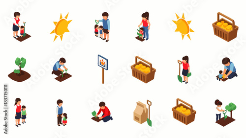 This isometric icon collection beautifully depicts people actively engaged in gardening, planting, and cultivating nature, emphasizing sustainable practices.