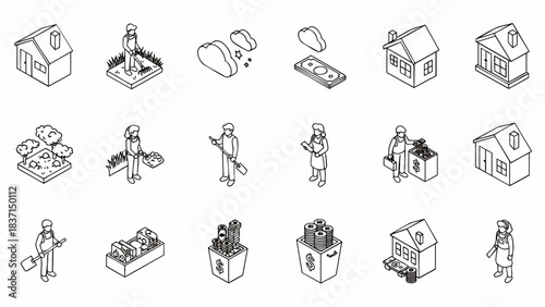 This vector set features isometric line art icons representing farming, rural architecture, agricultural workers, and natural elements for digital design projects.