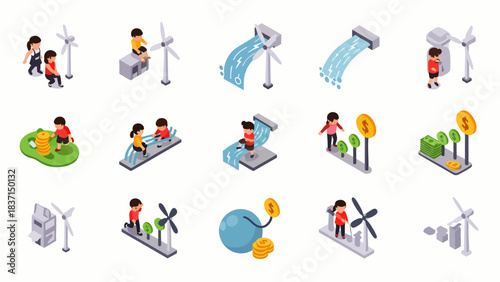 Diverse isometric icons illustrate renewable energy concepts like wind power, water turbines, and sustainable growth for a green future.