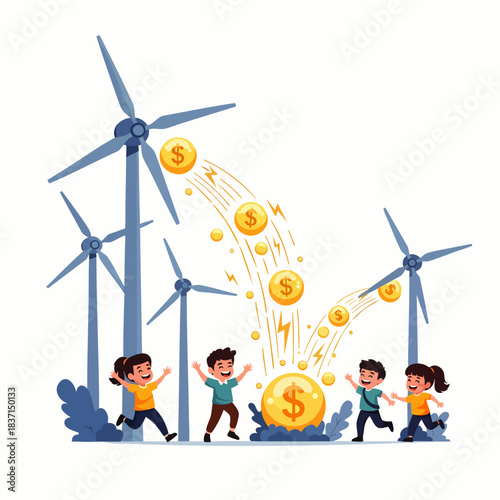 Children joyfully celebrate renewable energy and financial growth powered by wind turbines, symbolizing a prosperous green future.