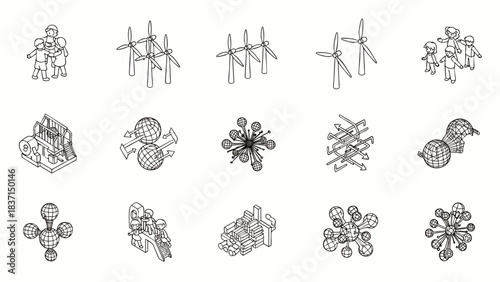 Collection of isometric icons representing renewable energy, industry, and community concepts in a clean line art style.