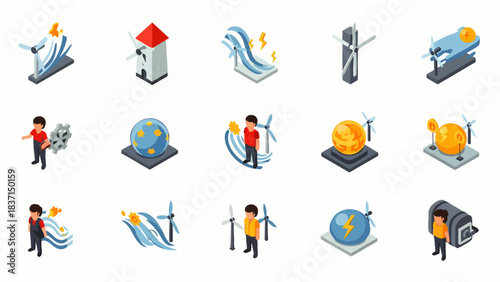 Set of isometric icons representing renewable energy sources and sustainable power generation concepts.