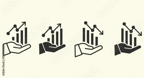 A clean outline icon showing a hand holding growing bar charts, symbolizing financial growth, business improvement, and analytics.