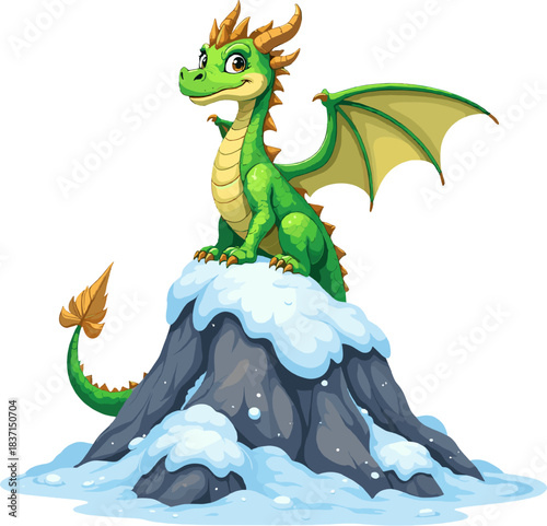 Fantasy green dragon illustration perched on snowy rock, ideal for magical artwork, game design, children’s stories, mythical themes, and fantasy projects