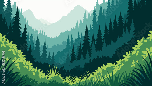 Serene vector landscape with lush green forests, towering mountains, and vibrant foliage, capturing the peaceful essence of nature's beauty and vastness in a layered illustration
