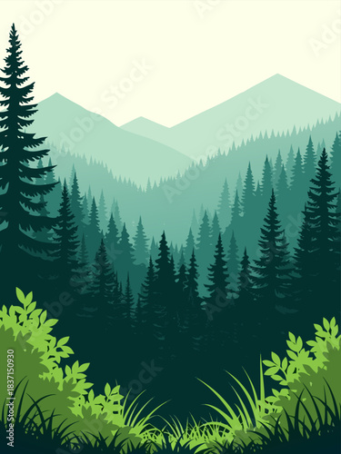 Majestic mountain range with lush green forest and vibrant foliage under a clear sky