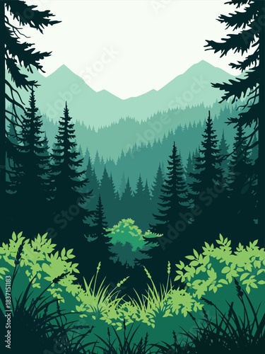 Vibrant layered forest landscape illustration featuring towering pine trees and dense undergrowth against a backdrop of majestic mountains, embodying serene wilderness