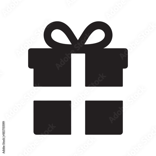 Black minimalist gift box icon with bow, symbolizing presents and celebrations.