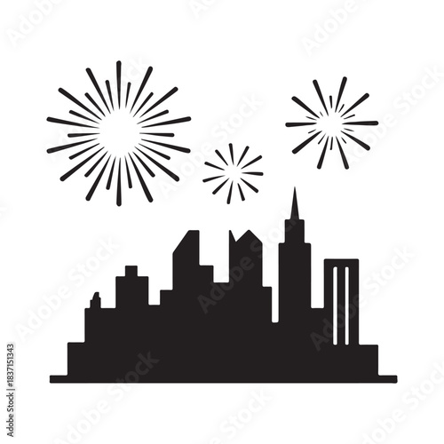 City skyline silhouette with abstract fireworks vector graphic art design