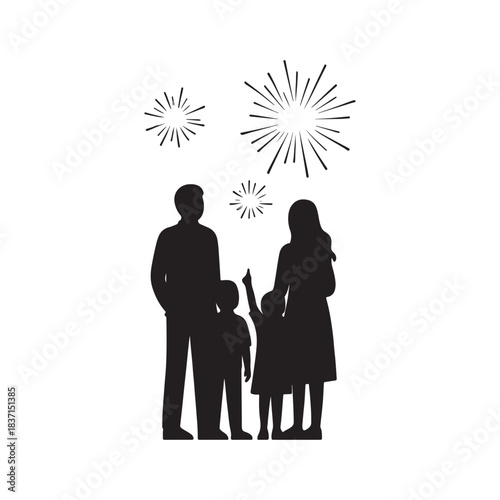 Family silhouette watching fireworks together, celebrating an outdoor event.