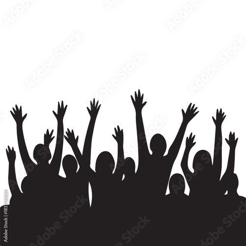 Audience silhouettes with raised hands cheering at a vibrant event or protest