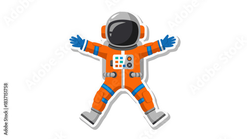 Pixel Art Astronaut Lying Down Creating a Snow Angel Shape in Space Wearing an Orange Spacesuit with Blue Accents and a Dark Visor Detailed Vector Illustration Against a Black Background
