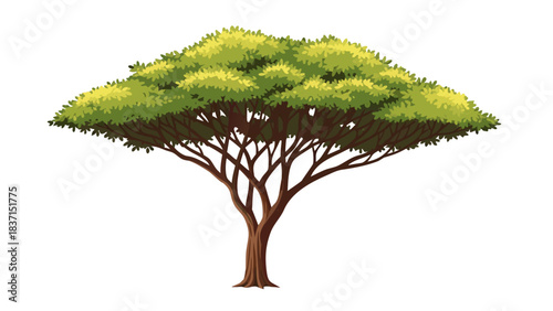 Pixel Art Acacia Tree with Broad Green Canopy and Brown Trunk Against a Black Background Detailed Digital Illustration