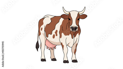 Pixel Art Brown And White Cow Standing On Black Background Detailed Vector Illustration