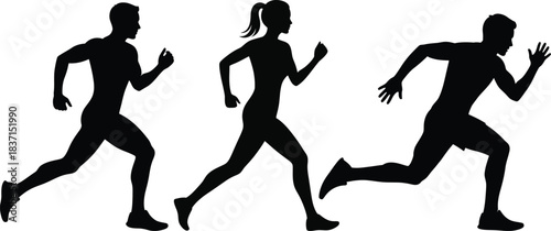 Silhouettes of three diverse runners in motion on a white background representing fitness and competition