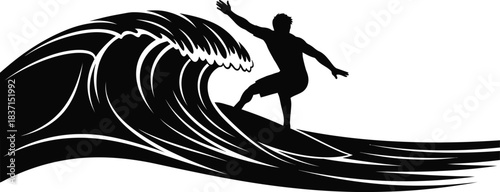 Silhouette of a surfer riding a large breaking wave against a white background