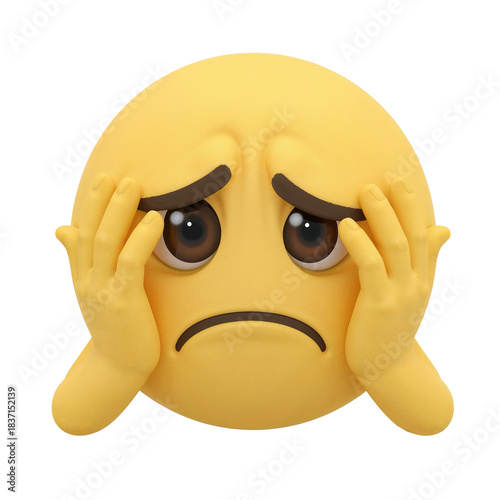 Three-dimensional emoticon conveys sadness expressing distress and disappointment