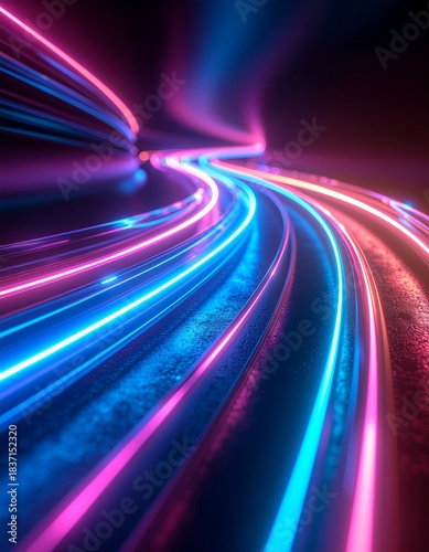 Illuminated Path: A mesmerizing display of vibrant neon streaks illuminates a winding path, creating a sense of dynamic motion and futuristic aesthetic appeal. 