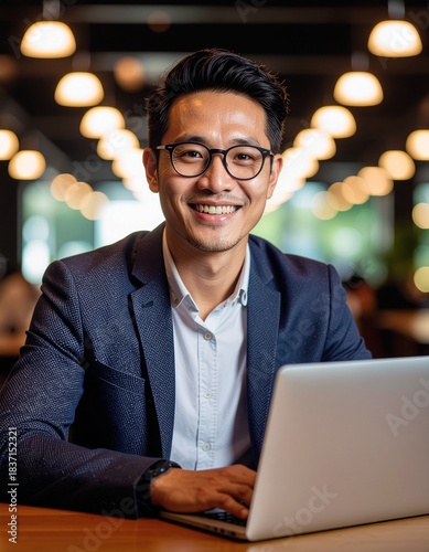 Business Professional at Desk: Confident Asian business person wearing glasses, smiling at the viewer while working on a laptop computer in a well-lit office setting.