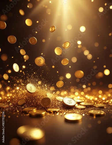 Golden Shower of Fortune: A radiant display of falling gold coins, shimmering in a divine light, conjuring themes of wealth, prosperity, and financial success.
