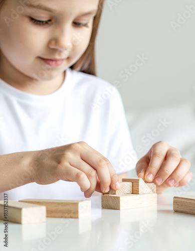 Child's Construction: A young girl focuses intently on constructing a structure with wooden blocks, her face revealing concentration and creativity as she brings her vision to life.