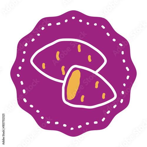 紫の円形背景とサツマイモ、焼き芋のイラストのラベルシール素材