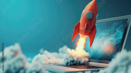 Laptop screen releasing a rocket with smoke and flames, symbolizing new project launch, fast development, digital business growth, and technology accelerating innovation