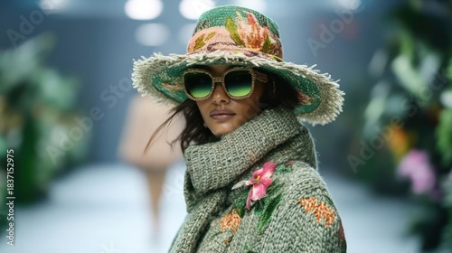 Woman's unique fashion ensemble: adorned hat, sunglasses and textured outfit showcasing designer
