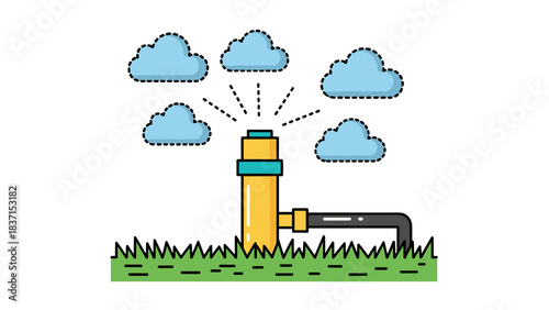 Pixel Art Illustration of a Yellow Sprinkler System with Blue Clouds and Green Grass Under a Black Sky