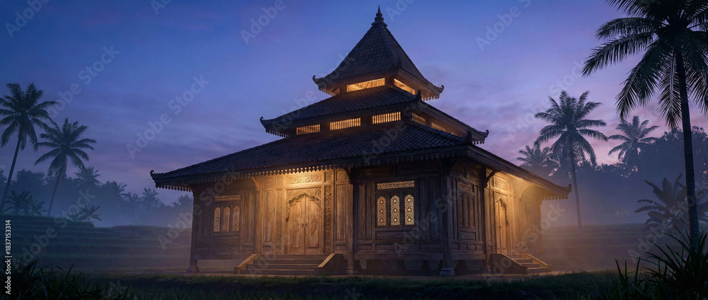 Obraz premium Traditional Javanese Mosque at Dawn in Rural Rice Paddy Field, Indonesian Cultural Heritage
